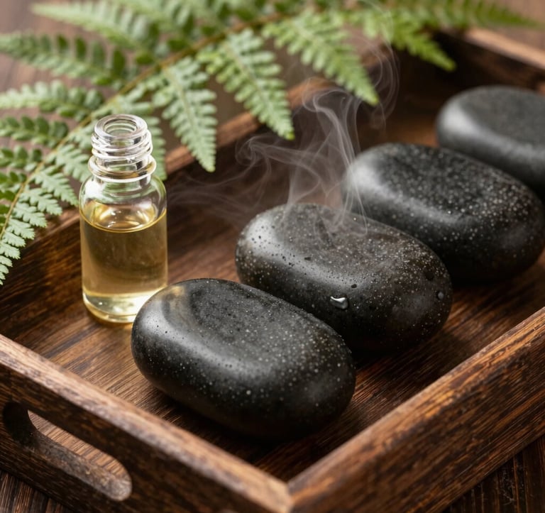 A close-up shot of smooth, dark hot therapy stones resting on a rustic wooden tray, paired with a small clear glass essential oil dropper. Gentle green fern leaves frame the shot, warm steam, professional photography.