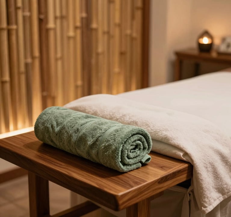 A high-end, clean massage room with a wooden table, neatly rolled towels in sage green and off-white, and a warm bamboo partition. Soft warm ambient lighting casts a soothing glow. Elegant and serene atmosphere in a Southeast Asian / Indonesian spa, professional photography.