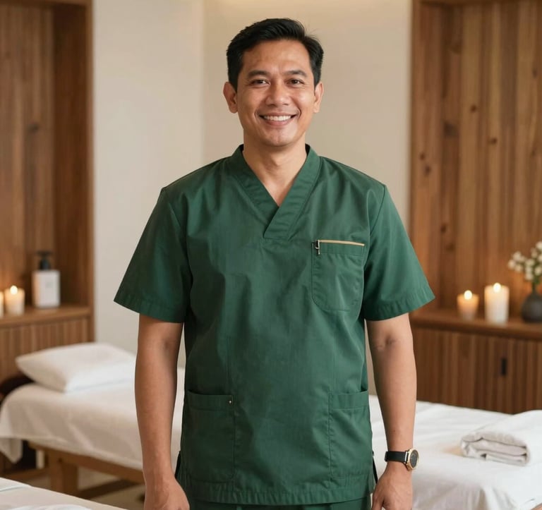 A professional male Southeast Asian / Indonesian therapist in his early 40s, smiling friendly, wearing a dark green organic cotton uniform, standing inside a bright and serene spa treatment room with warm wooden details.
