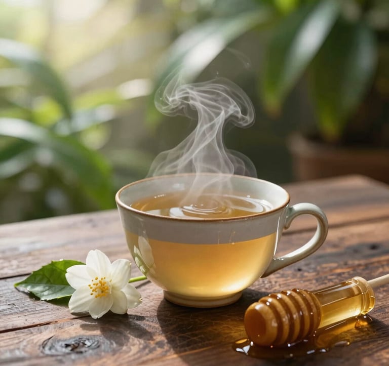 A hot, steaming ceramic cup of herbal ginger tea resting on a rustic dark wooden table. A fresh jasmine flower and raw honey stick are next to it. Soft morning sunlight filters through local tropical indoor plants in a peaceful wellness retreat, professional photography.