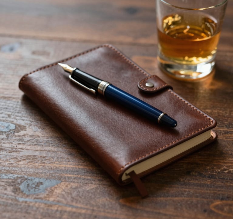 A leather-bound journal next to a classic fountain pen and a glass of whiskey on a wooden library table. Warm lighting casting shadows, emphasizing a mood of deep thought and discipline. Colors: #B08D5B and #0C1E38.