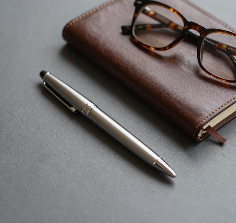 Still life composition featuring a silver fountain pen, a leather-bound journal, and a pair of classic tortoiseshell glasses on a minimalist gray surface (#7D8C9C). The lighting is moody and focused, highlighting metallic textures and premium materials.