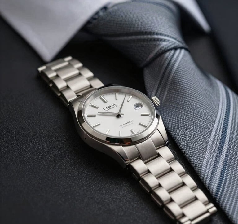 Close-up of a premium stainless steel watch and a silk tie on a dark background. The lighting is sophisticated, focusing on metallic silver reflections (#7D8C9C) and clean lines, embodying refined masculinity.