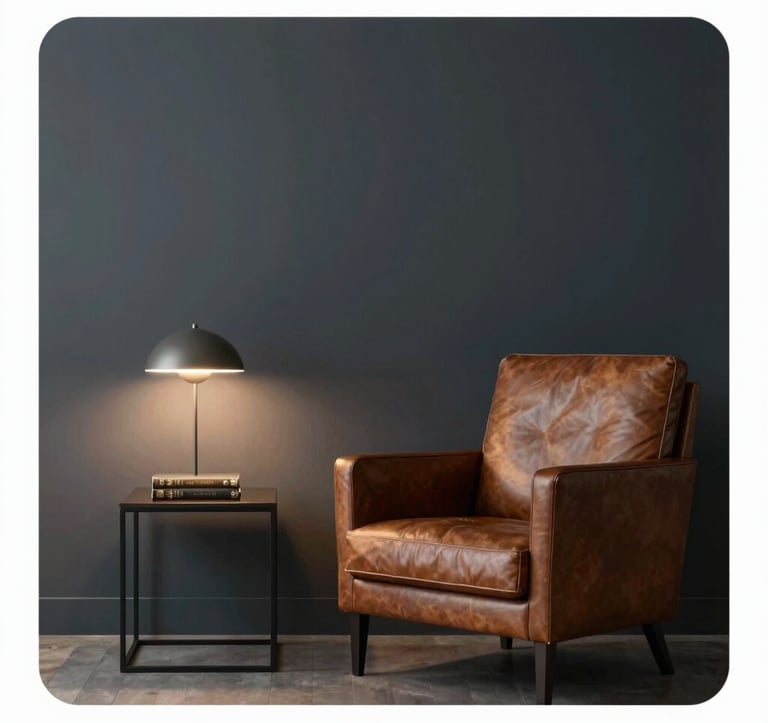 A minimalist, dark-toned library setting. A single leather armchair next to a low light lamp, with gold leaf detailing on book spines. Mood is intellectual, powerful, and serene, incorporating #0C1E38 and #B08D5B.