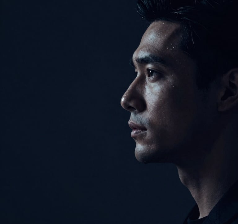 A minimalist, low-key portrait of a man in shadows, only showing the profile and a focused gaze. Cinematic lighting accentuates a sharp jawline and calm expression. Colors are deep navy (#0C1E38) and subtle silver highlights.
