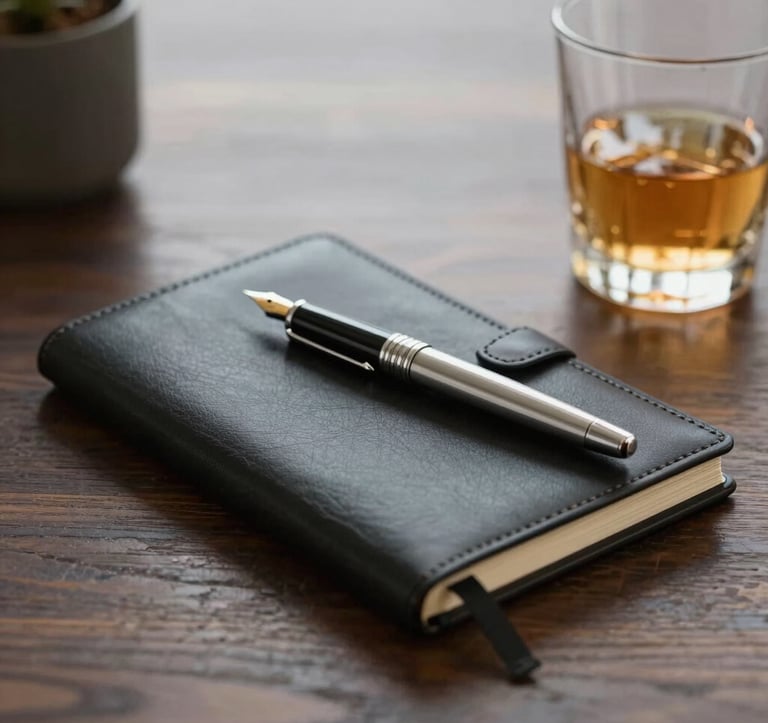 Minimalist and premium workspace with a leather-bound notebook, a silver fountain pen, and a glass of scotch on a dark wood table. Subtle gold accents in the lighting, reflecting the sophisticated brand mood.
