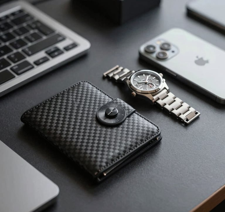 Modern high-end minimalist gadgets (carbon fiber wallet, mechanical watch, sleek silver smartphone) on a dark executive desk. Lighting is clean and cold, emphasizing metallic textures (#7D8C9C).