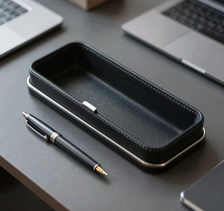 Top-down view of an organized executive desk. A premium leather organizer, a sleek dark fountain pen, and high-end tech accessories. Lighting is sharp and professional with silver metallic accents (#7D8C9C).