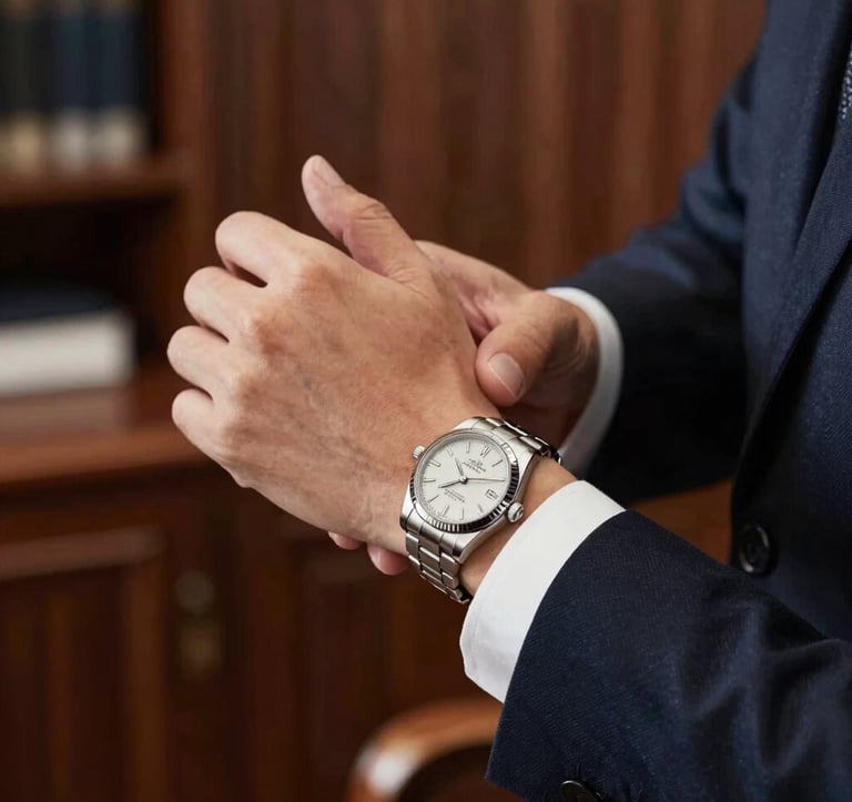 Close-up of a man's hands adjusting a luxury silver wristwatch (#7D8C9C). He is wearing a crisp white shirt and a dark navy suit sleeve. The background is a blurred high-end executive office with mahogany textures. Lighting is soft and professional.
