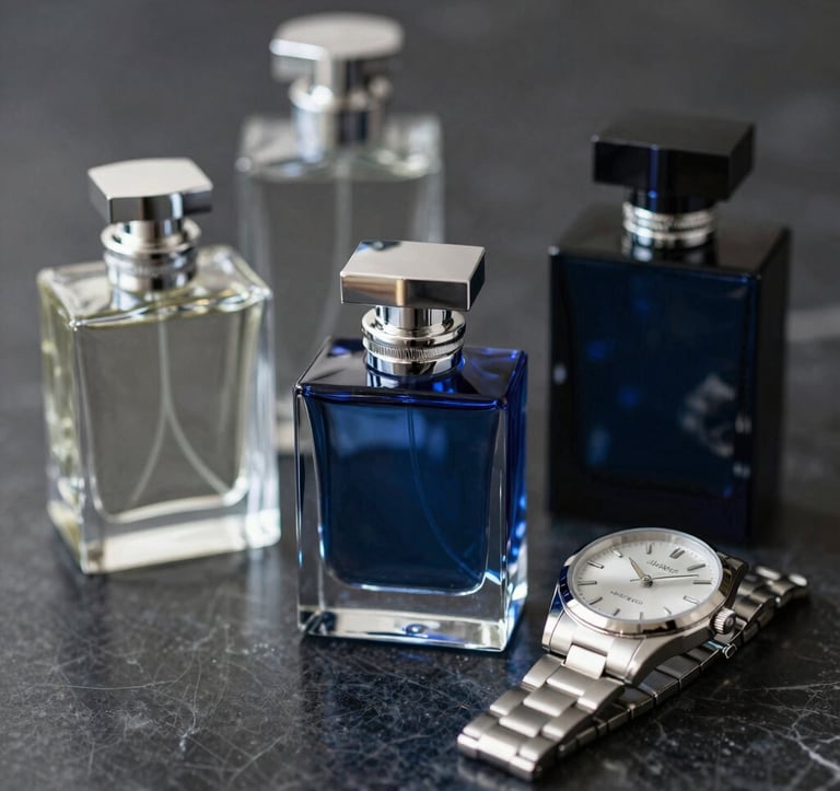 A collection of premium fragrance bottles and a luxury watch displayed on a dark marble surface. Metallic silver accents (#7D8C9C) and deep blue reflections (#0C1E38). Sophisticated, sharp, and expensive atmosphere.