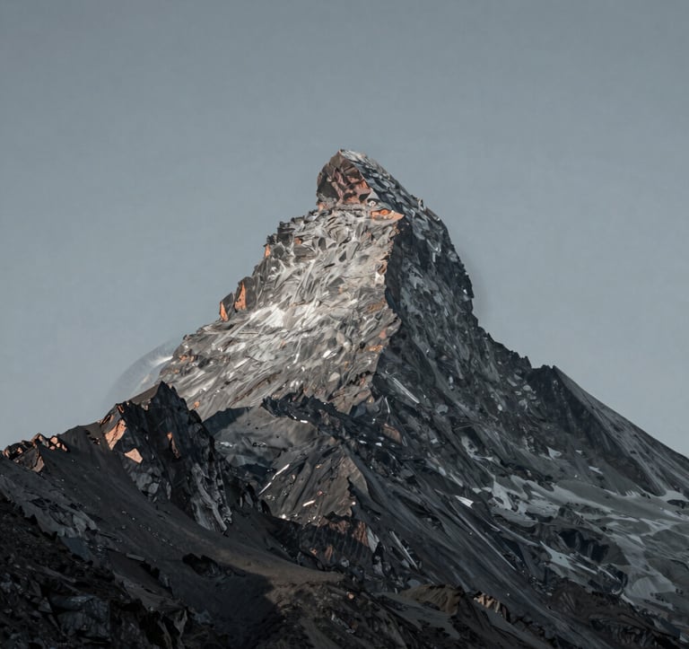 A powerful image of a lone, majestic mountain peak against a clear, cool-toned sky. The photograph is high-contrast, emphasizing the solid, unyielding rock. This represents the resilience and strength of the essential man. Palette: #F7F7F7, #7D8C9C.