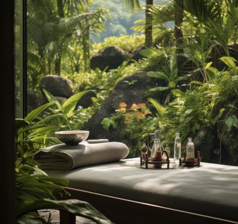 table de massage avec huile essentielles dans un cadre tropical