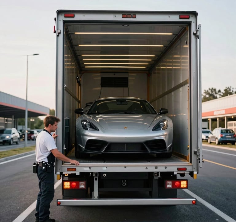 A high-end sports car being carefully loaded into a secure enclosed transport truck. Premium logistics service, professional environment, sharp focus, European highway rest area background.