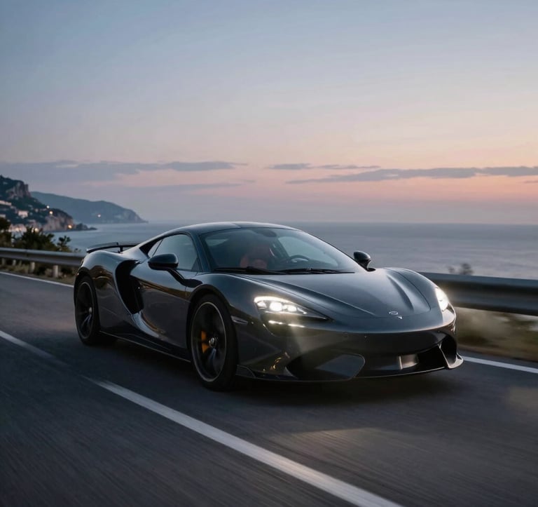 A sleek dark sports car driving along a coastal road in the French Riviera during twilight, headlights carving through the dusk, motion blur, luxury lifestyle photography.