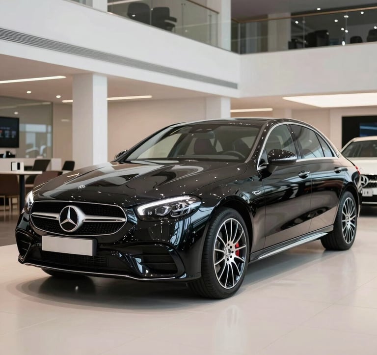 A luxurious black Mercedes Benz parked in a pristine, brightly lit modern showroom in Europe, sleek reflections, high-end automotive styling.