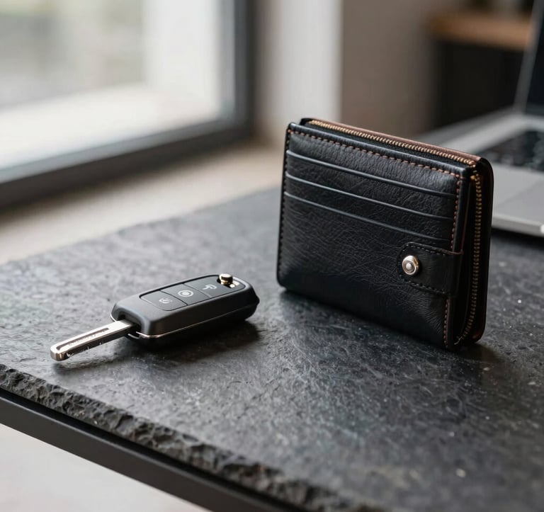 Close-up of a premium car key and a designer leather wallet on a dark stone surface, soft natural lighting from a window in a European office setting, elegant and minimalist composition.