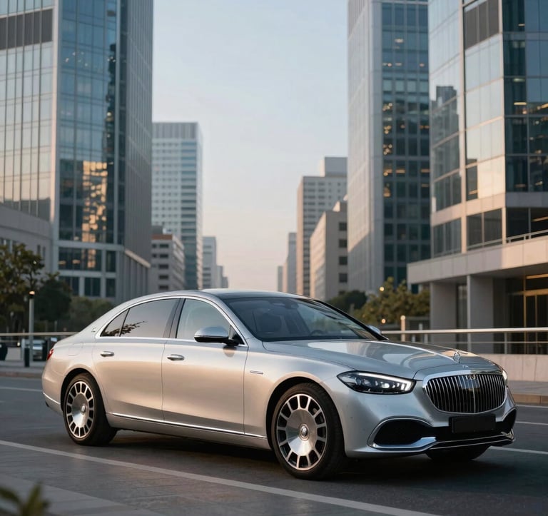 A silver luxury sedan parked in a modern business district in a French city, clear morning sky, professional architectural photography style, sophisticated atmosphere.