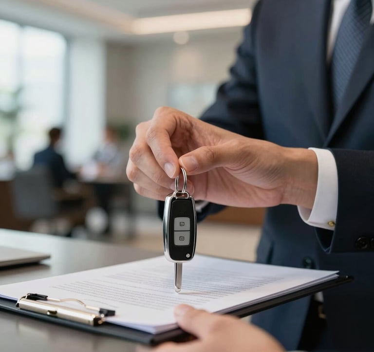 A close-up of a smartly dressed professional handing over a shiny set of car keys alongside a pristine document folder. Luxurious modern office interior, soft natural lighting.