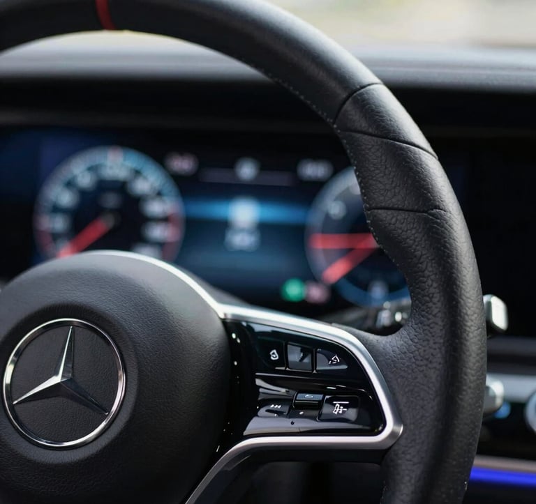 Close-up macro photography of a leather steering wheel and a modern digital dashboard with blue glowing interfaces, luxury car interior, soft bokeh, professional lighting, European aesthetic.