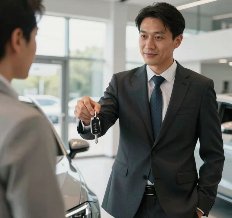 A professional automotive consultant in a tailored suit handing over silver car keys to a client in a bright, modern showroom in France, natural light, high-end professional setting.