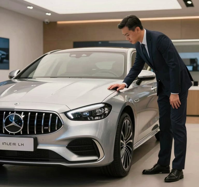 A professional automotive expert inspecting a silver luxury sedan in a modern, well-lit showroom. Clean composition, professional attire, European setting, elegant lighting.