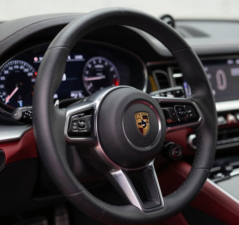 Close-up macro shot of a luxurious car interior, showing the premium leather steering wheel and sleek digital dashboard. Red accents, ambient cabin lighting, highly detailed.