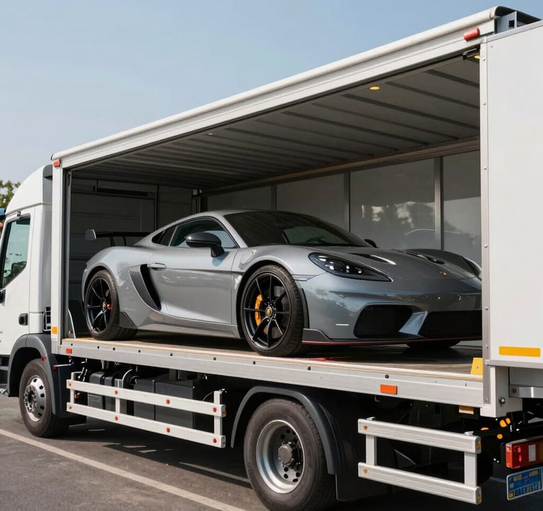 A high-end sports car being carefully loaded onto a premium transport truck, modern European setting, professional automotive logistics, clear daylight.