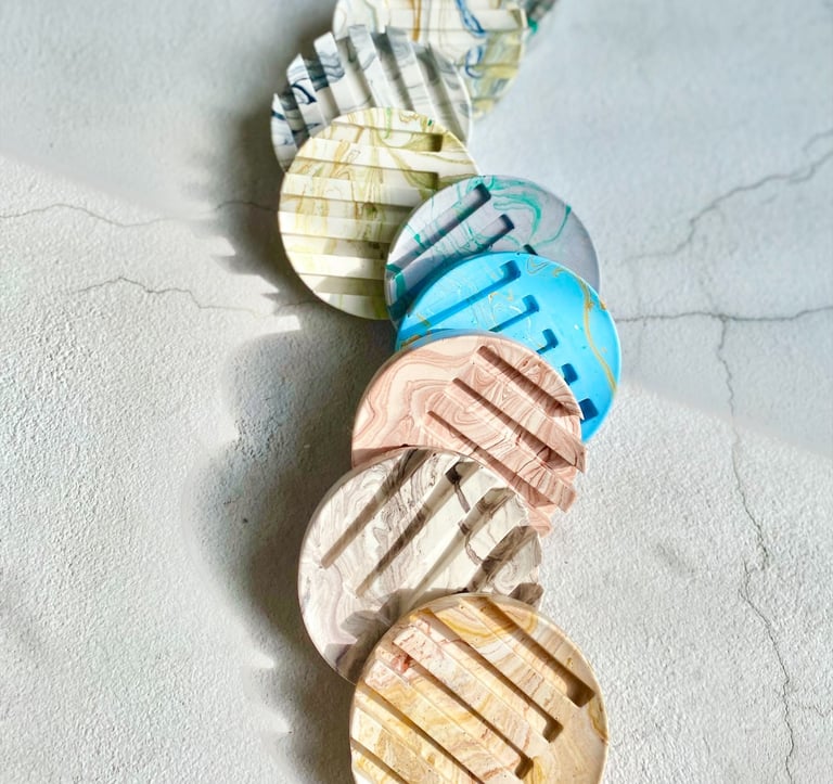 Eco friendly jesmonite soap dishes in variety of colours with marble effect