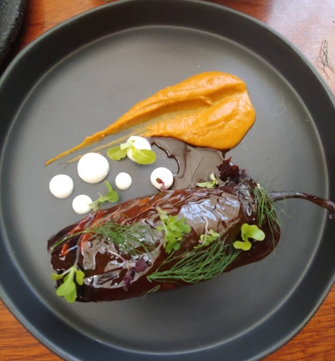 Chile ancho stuffed with Huitlacoche at Los Danzantes Restaurant, Oaxaca City, Centro