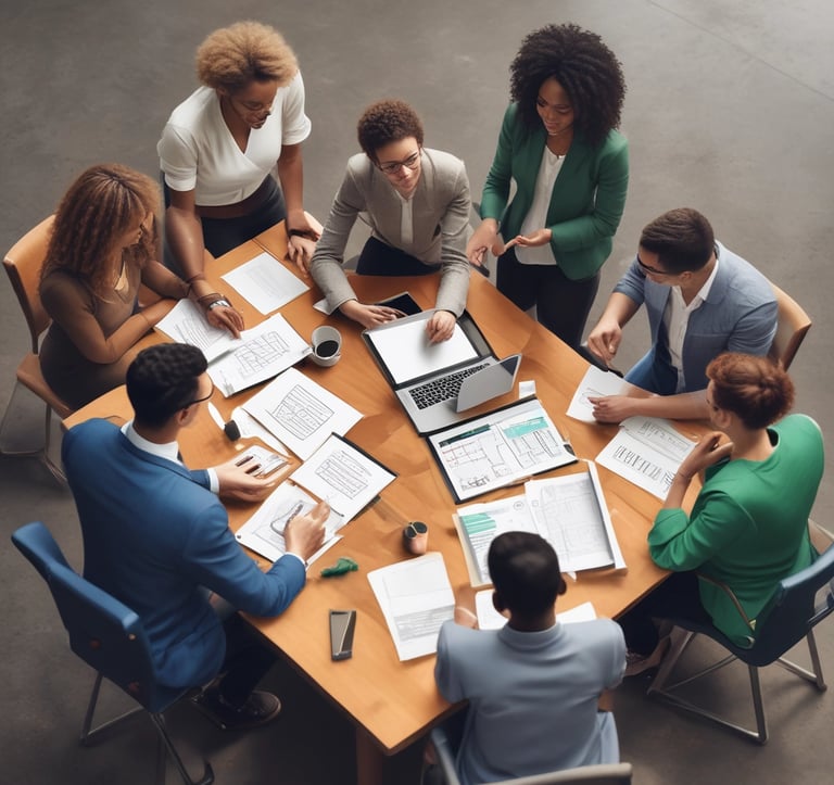 A team of professionals collaborating over charts and laptops in a modern office.