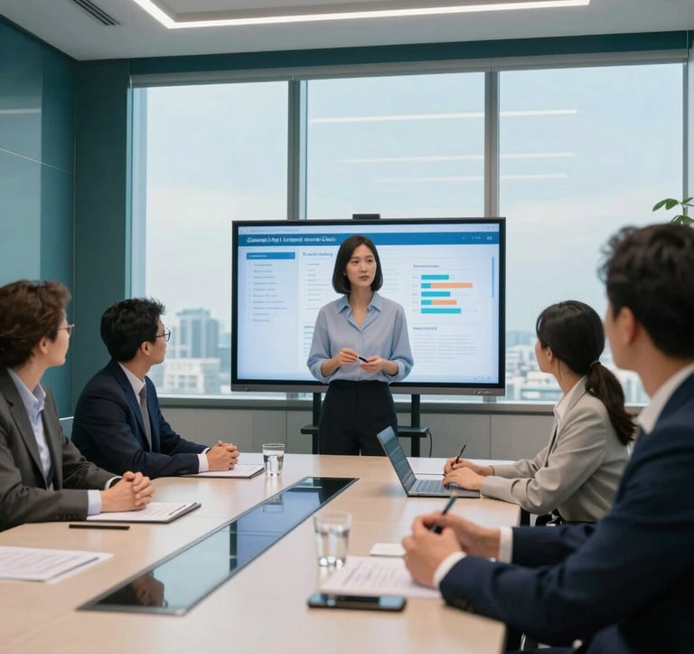 A sophisticated marketing strategist presenting data on a digital screen to a group of hotel executives in a bright, modern Global / English-speaking boardroom. The room is decorated with midnight teal accents and soft sky blue glass walls, reflecting high-end consulting and expertise.