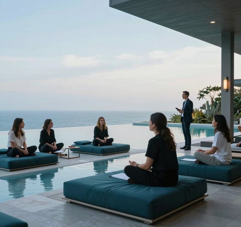 Sophisticated photography of a luxury retreat setting. A clean, modern infinity pool reflects the soft sky blue of the morning. Deep teal cushions are arranged on elegant outdoor furniture. Professionals in a Global / English-speaking setting are engaged in a calm workshop outdoors, exuding a sense of transformational growth and professionalism.