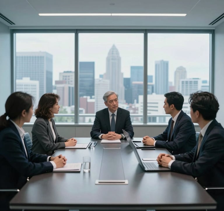A high-level strategy meeting taking place in a minimalist boardroom. Large windows reveal a blurry Global / English-speaking city skyline. The table is dark slate, with soft sky blue accents in the decor. Professional attire is sophisticated and crisp, capturing a mood of trust, expertise, and global consulting leadership.