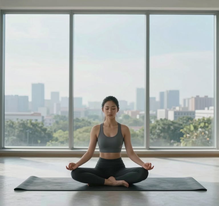 A calm professional practicing meditation in a minimalist, high-ceiling studio with large windows overlooking a green landscape in a Global / English-speaking city, featuring pale mist white and soft sky blue tones.