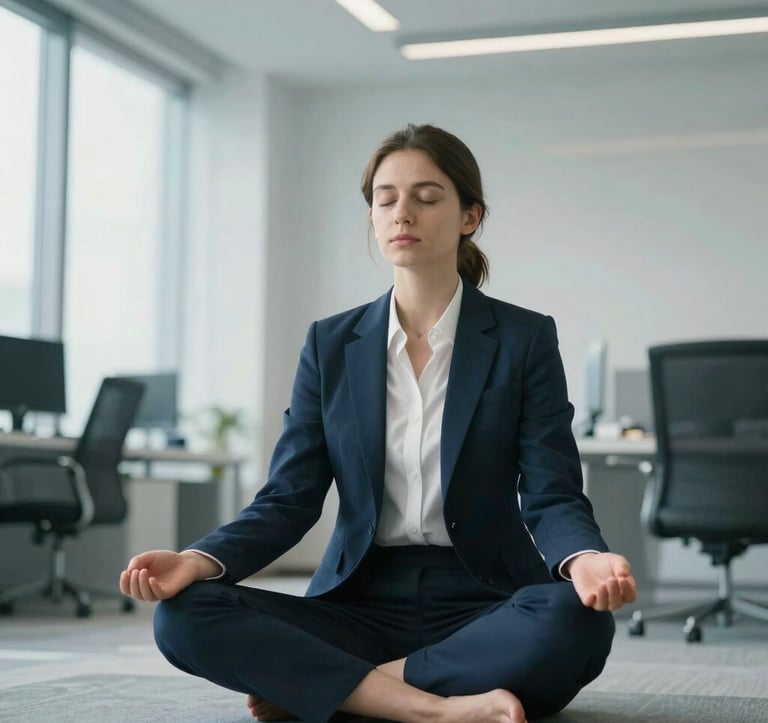 A professional in a serene, modern Global / English-speaking office space practicing a quiet moment of mindfulness. The lighting is airy and soft, using sky blue and mist white accents. The composition is balanced and peaceful, reflecting a sophisticated approach to executive well-being and coaching.