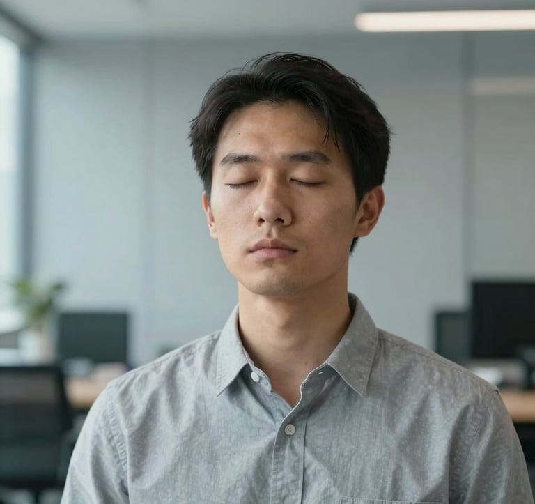 A close-up of a professional in a zen-like, modern Global / English-speaking office environment, eyes closed in a moment of mindful meditation. The color palette features mist grey walls and soft sky blue textures, conveying holistic balance and mental clarity.