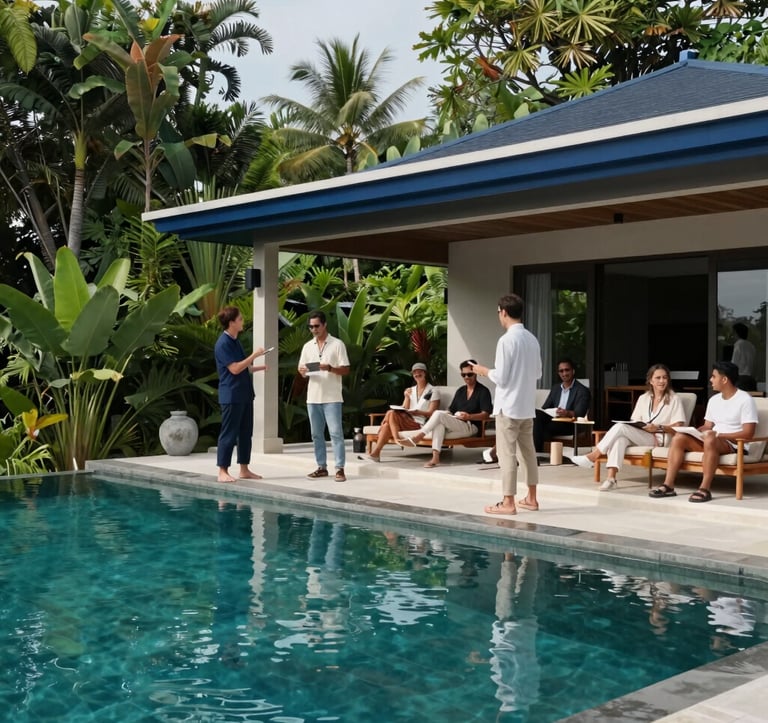 A luxury retreat villa nestled in the lush greenery of Bali, featuring minimalist architecture and midnight teal infinity pools. A group of professionals in casual, high-end attire are engaged in a workshop under a sky blue pavilion in a Global / English-speaking atmosphere.