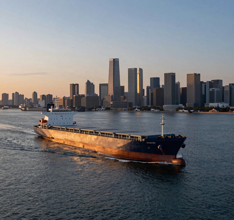 A sleek, large cargo ship sailing through calm evening waters toward a modern port city skyline in a Global / English-speaking region. The lighting is sunset-toned with muted ocean blue sea and sky blue horizon, symbolizing global trade and commerce.