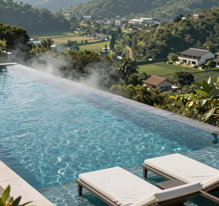 Photography of a luxury resort infinity pool overlooking a verdant valley, representing tourism excellence. The palette features slate blue water and mist white lounge areas. The scene is set in a Global / English-speaking hospitality context with a focus on high-end tourism marketing.