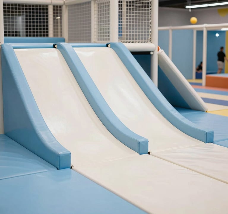 A close-up of a modern, high-standard soft play area in a Bulgarian amusement park. The equipment is clean, featuring light blue and off-white safety padding. The lighting is natural and inviting, emphasizing a professional and secure space.