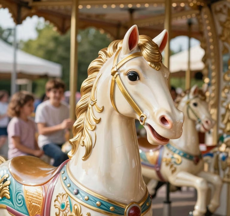 A detailed close-up shot of an ornate, hand-painted vintage carousel horse in cream and gold. The background shows a sunny park in Bulgaria with happy families blurred in the distance. The lighting is warm and joyful, emphasizing a professional yet friendly style.