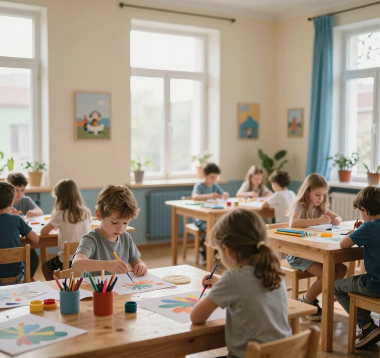A photography of an indoor children's art studio in Southeast Europe. Natural light flows through large windows onto wooden tables where art materials are arranged. The room is decorated in soft cream and blue, conveying a sense of imagination and peace.