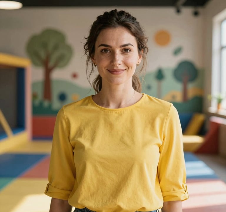 Portrait of a friendly woman in her 30s with a welcoming expression, wearing a stylish Yellow top. She is standing in a sunlit, creative indoor playground in Bulgaria, with imaginative wall murals and soft play mats in the background.