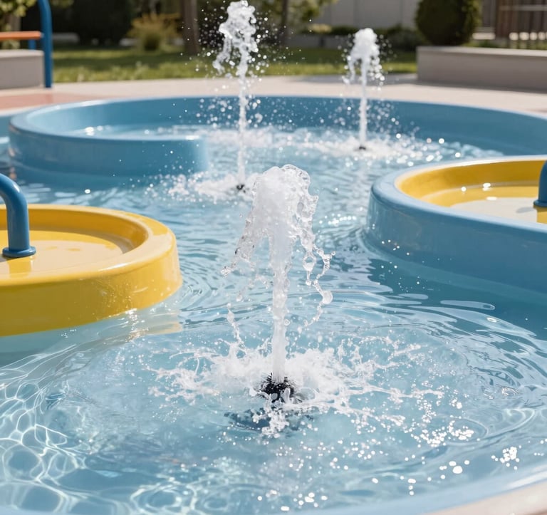 A cheerful outdoor water play area for children featuring shallow splash pads and interactive fountains in light blue and yellow colors. The water sparkles under the bright Bulgarian sun, and the setting is clean, modern, and designed with safety in mind.