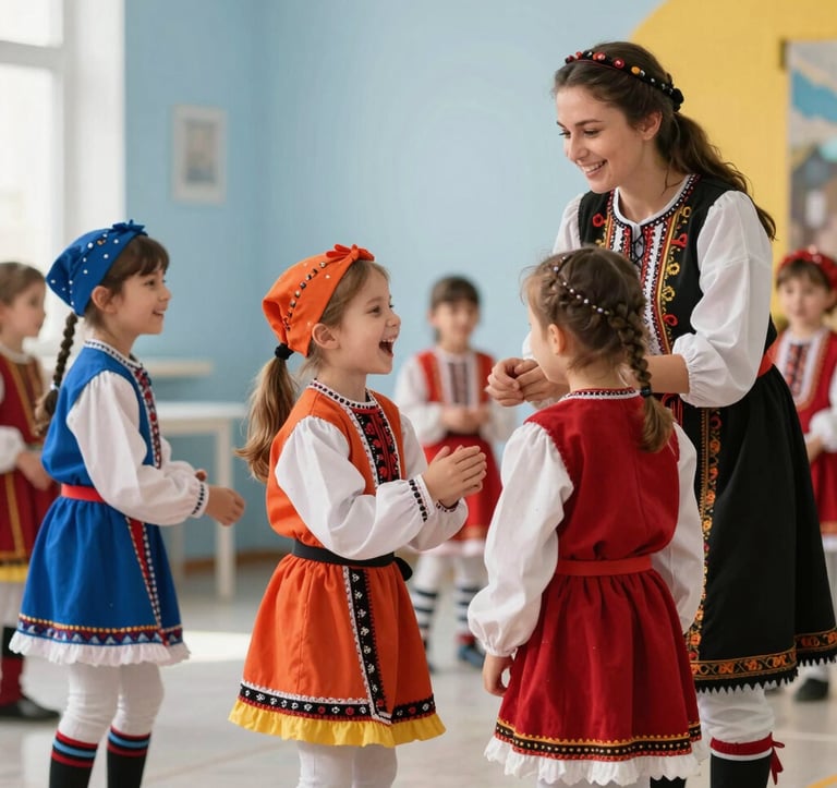 Photography of Southeast European / Bulgarian children wearing colorful costumes during a themed party. They are laughing and playing with a friendly animator in a bright, safe indoor environment with soft blue and yellow accents.