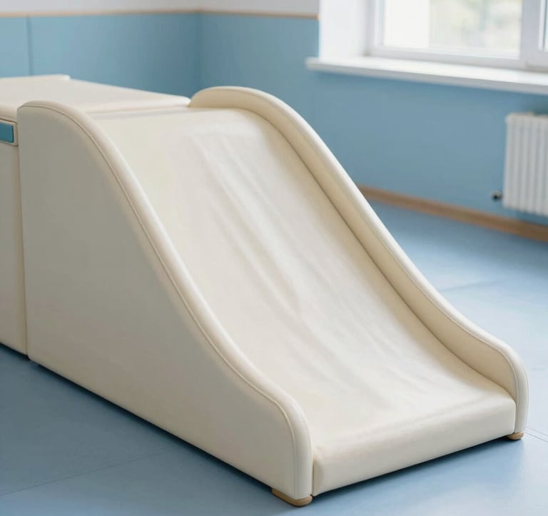 Close-up photography of a bright and clean children's play area with off-white and light blue surfaces. The atmosphere is hygienic and orderly, reflecting a trustworthy Southeast European / Bulgarian facility, with soft sunlight coming through the window.