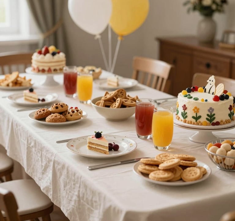 A beautifully arranged children's party table in a Southeast European / Bulgarian setting. It features healthy snacks, colorful juices, and a themed cake. The style is bright and professional, using off-white and yellow tones.