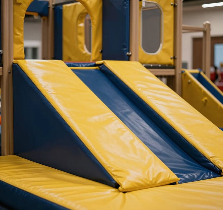 Modern and safe indoor playground equipment in a Southeast European / Bulgarian park. Features soft padding in yellow and dark blue colors, clean lines, and high-quality materials, photographed with a warm, inviting feel.