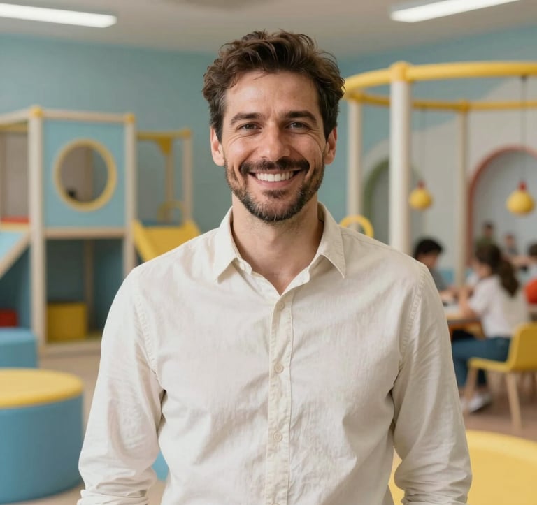 Portrait of a friendly man in his early 40s with a warm smile, wearing a casual shirt in Off-white. He is standing in a brightly lit, modern children's activity center in Southeast Europe. The background features safe, colorful play equipment in Light Blue and Yellow.