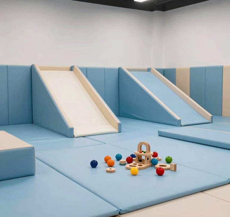 A safe and clean indoor soft play area for toddlers with padded floor mats in light blue. Educational wooden toys are neatly placed. The lighting is bright and soft, highlighting the trustworthy and professional environment of the park.
